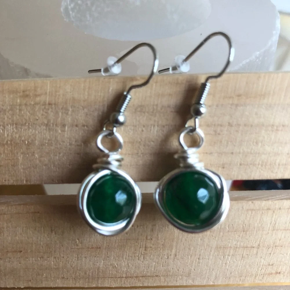 Green aventurine beaded dangle earrings handmade wire wrapped gemstone earrings